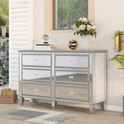 Elegant Mirrored Dresser with 6 Drawers, Modern Silver Finished Dresser 56.1“L x 18.1” W x 36.4” H for Living Room Bedroom