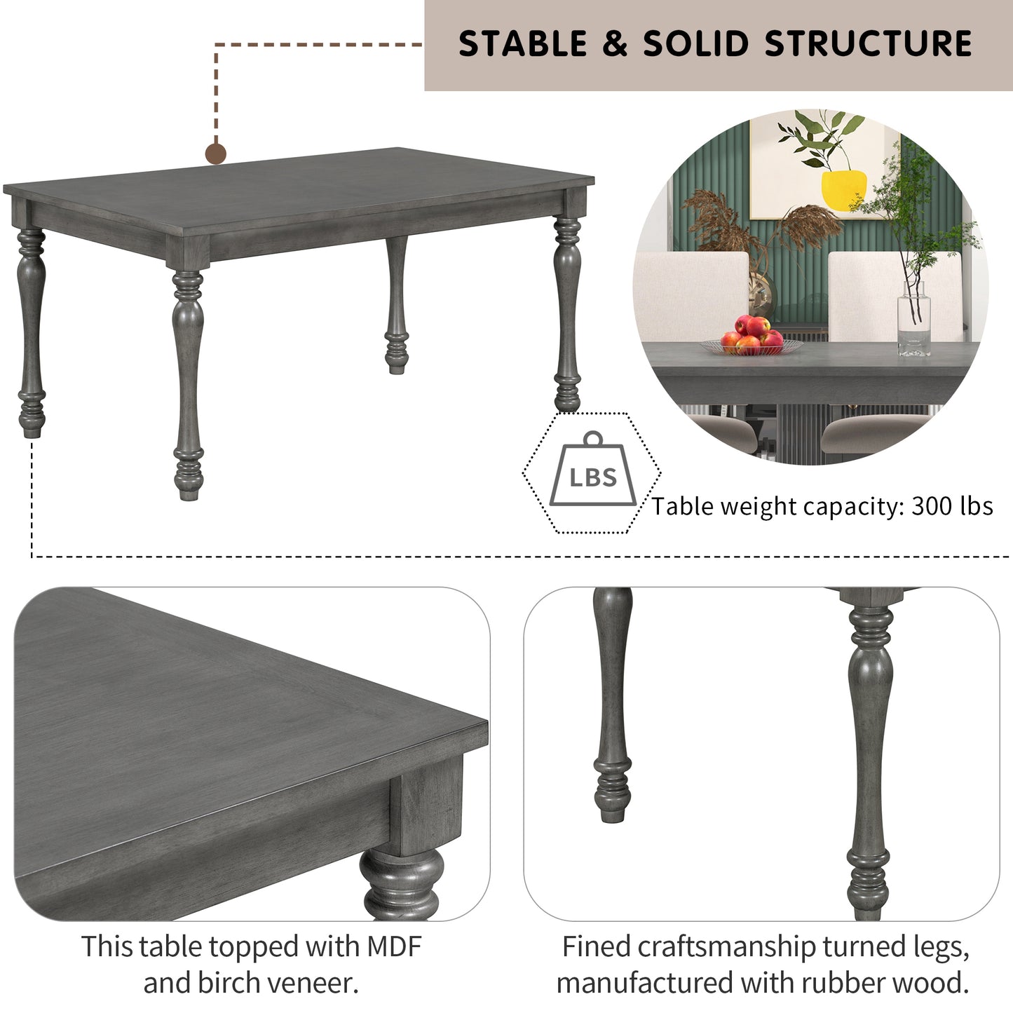 TREXM 6-Piece Wood Dining Table Set Rectangular Table with Turned Legs, 4 Upholstered Chairs and Bench for Dining Room (Gray)