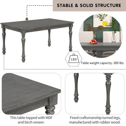 TREXM 6-Piece Wood Dining Table Set Rectangular Table with Turned Legs, 4 Upholstered Chairs and Bench for Dining Room (Gray)