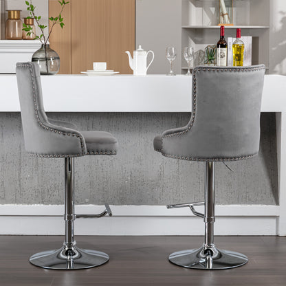 Swivel Velvet Barstools Adjusatble Seat Height , Modern Upholstered Bar Stools with Backs Comfortable Tufted for Home Pub and Kitchen Island（Gray,Set of 2）