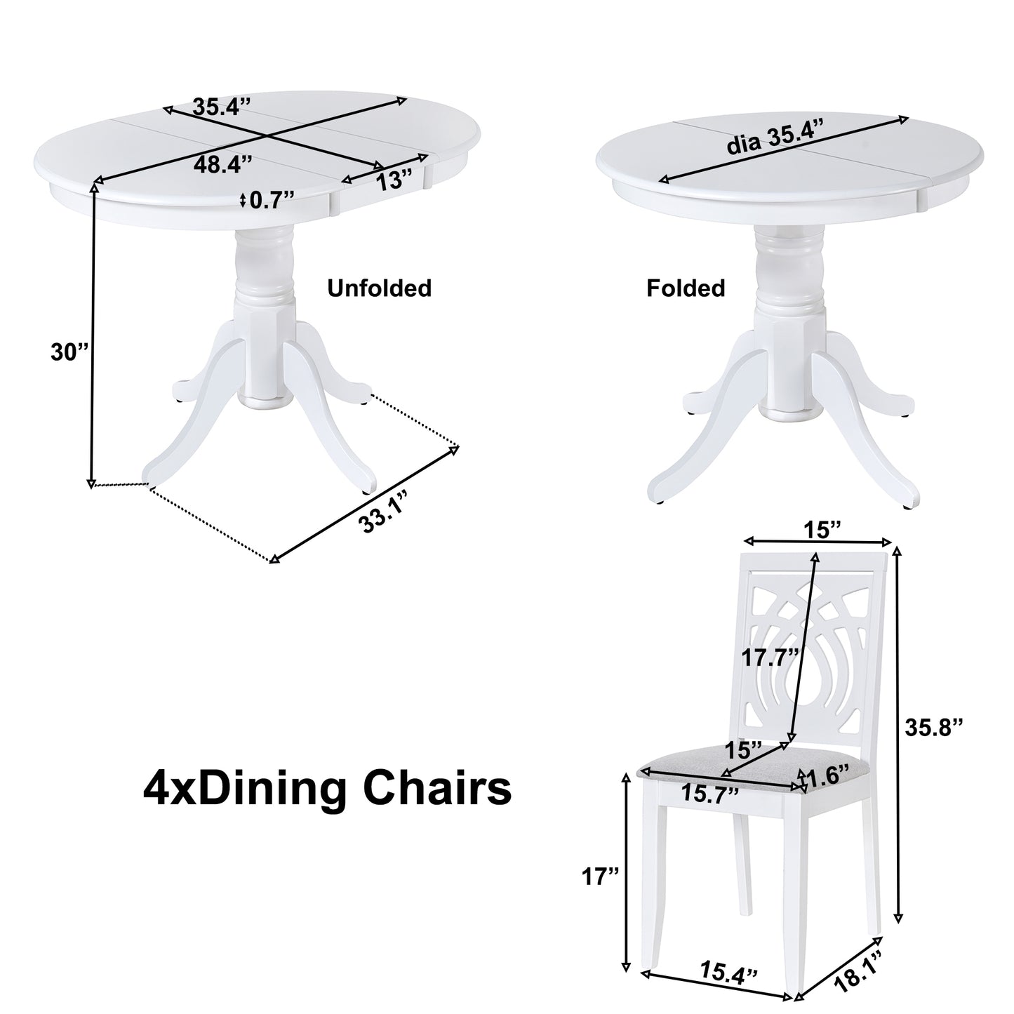 TOPMAX Mid-Century 5-Piece Extendable Round Dining Table Set with 4 Upholstered Dining Chairs for Small Places, White