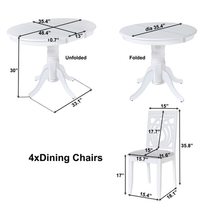 TOPMAX Mid-Century 5-Piece Extendable Round Dining Table Set with 4 Upholstered Dining Chairs for Small Places, White