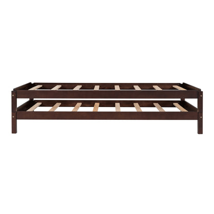 Solid Platform Bed Twin Size, 2 Twin Wood Bed Guest Bed Stackable Bed Walnut