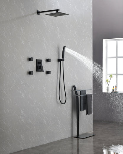 Shower System, 10-Inch Matte Black Full Body Shower System with Body Jets, Square Rainfall Shower Head, Handheld Shower, and 3 Functions Pressure Balance Shower Valve, Bathroom Luxury Faucet Set.