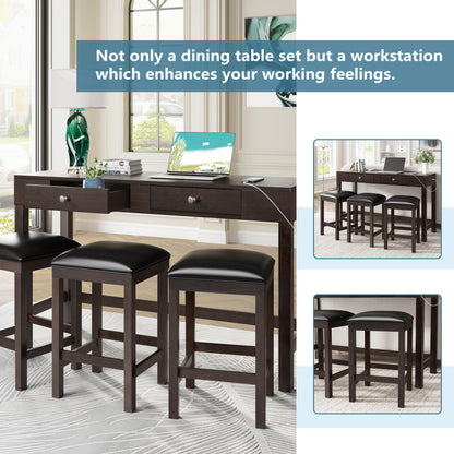 TOPMAX 4-Piece Counter Height Table Set with Socket and Leather Padded Stools, Espresso