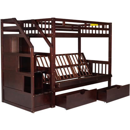 Twin over Full Bunk Bed with Two Drawers and Staircase, Down Bed can be Converted into Daybed,Espresso