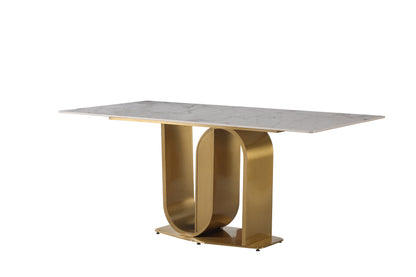 71" Contemporary Dining Table in Gold with Sintered Stone Top and  U shape Pedestal Base in Gold finish