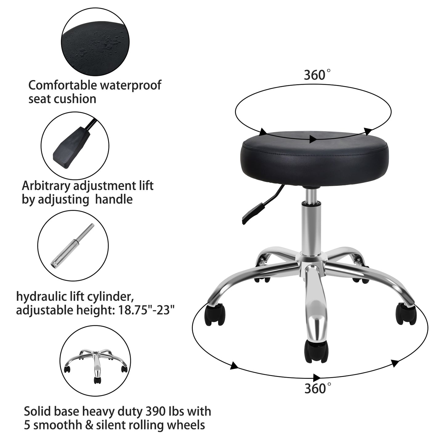 YSSOA Round Stool Chair with Wheels Height Adjustable, Black