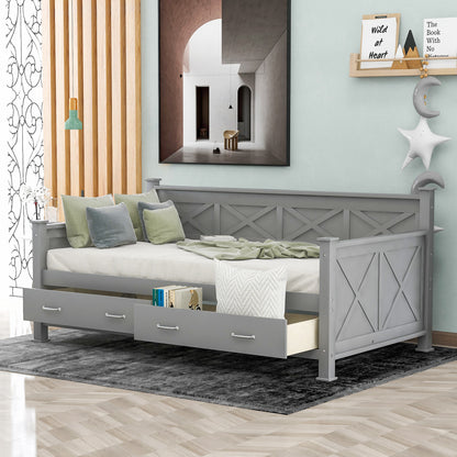 Twin Size Daybed with 2 Large Drawers, X-shaped Frame, Modern and Rustic Casual Style Daybed, Gray(New)