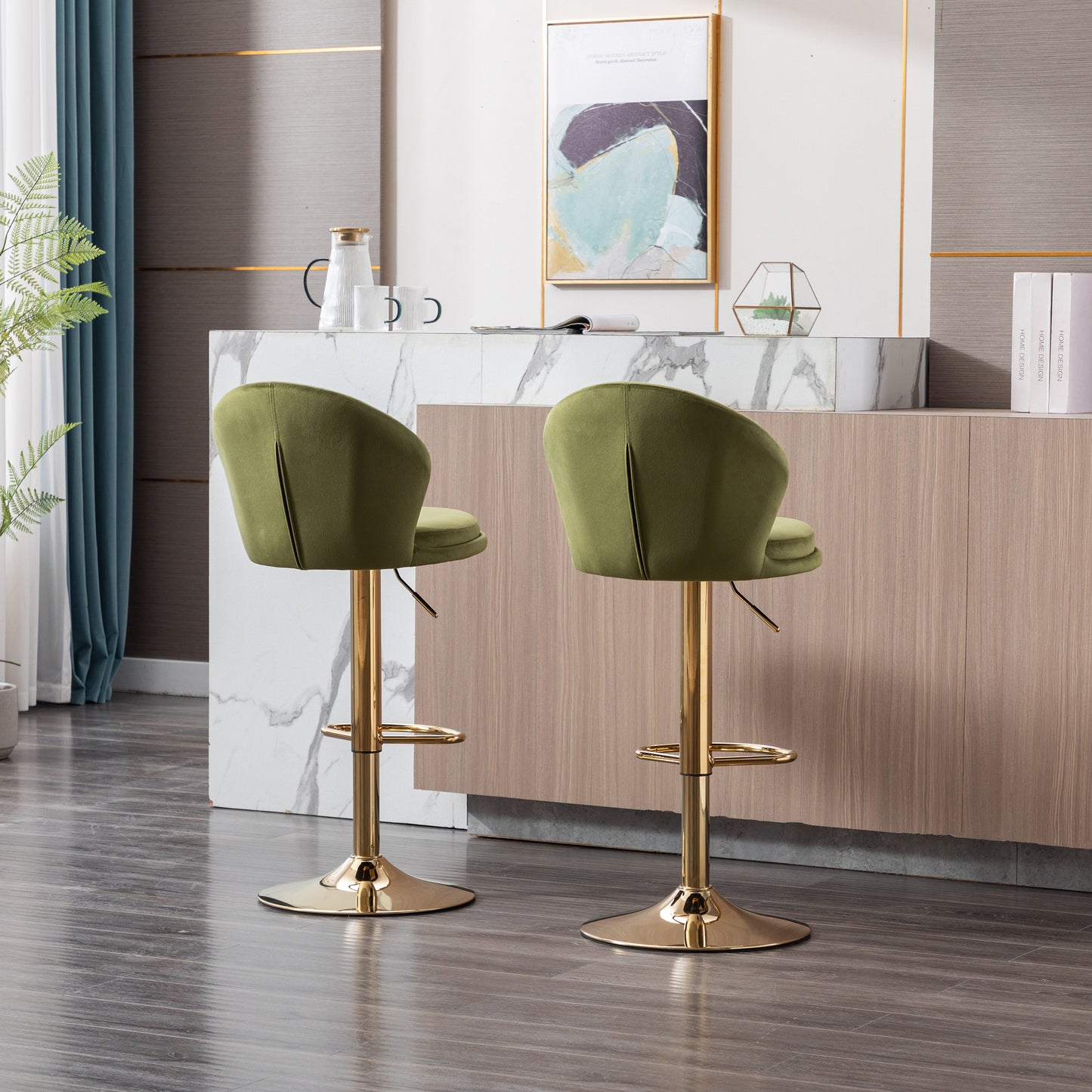 Set of 2  Bar Stools,with Chrome Footrest and Base Swivel Height Adjustable Mechanical Lifting Velvet + Golden Leg Simple Bar Stool-Light green