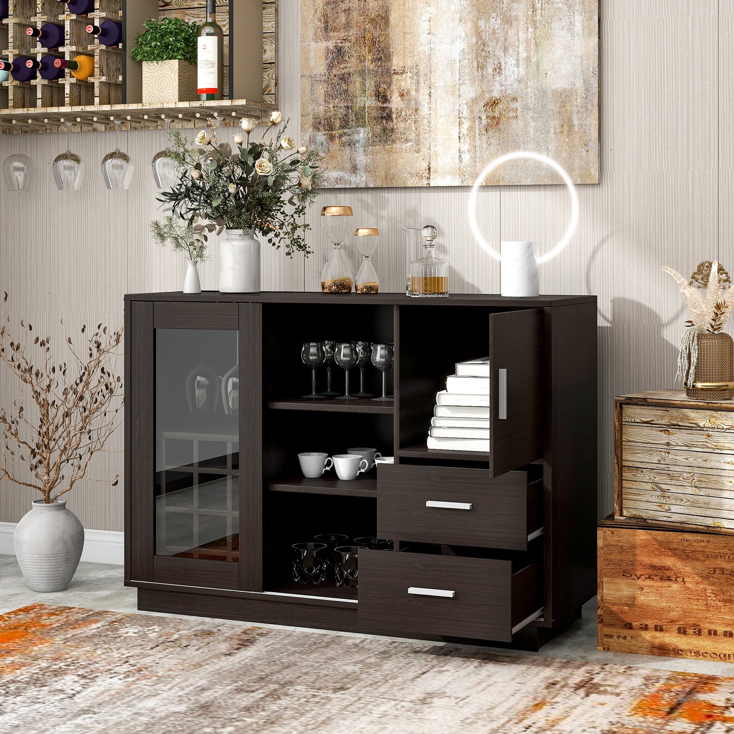 TREXM Kitchen Functional Sideboard with Glass Sliding Door and Integrated 16 Bar Wine Compartment, Wineglass Holders (Espresso)