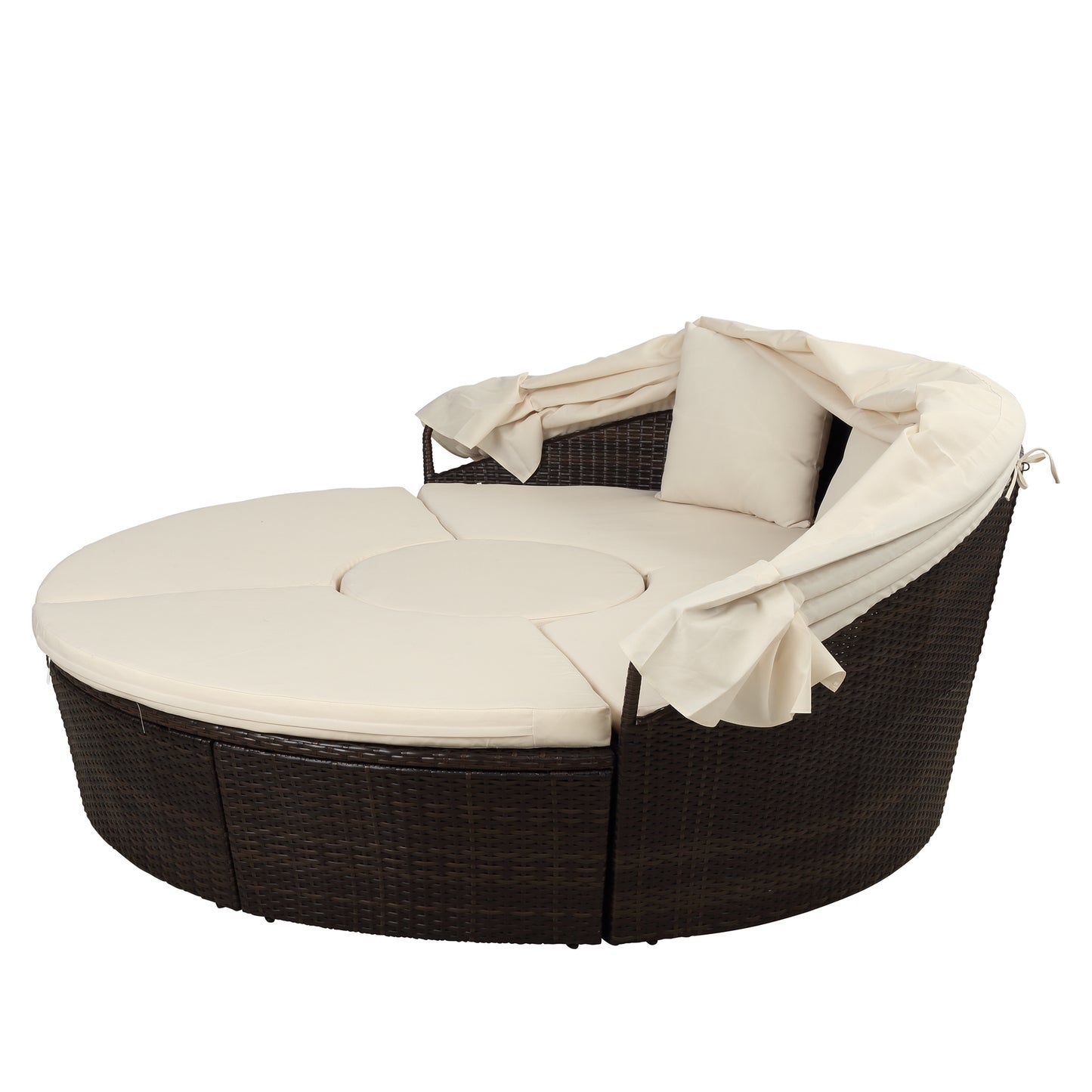 TOPMAX Patio Furniture Round Outdoor Sectional Sofa Set Rattan Daybed Sunbed with Retractable Canopy, Separate Seating and Removable Cushion (Beige)