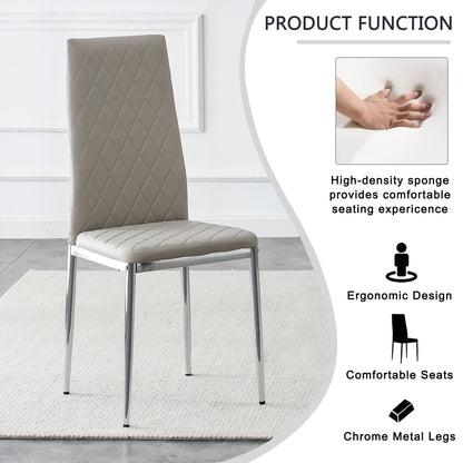 Grid Shaped Armless High Back Dining Chair, 4-piece set, Office Chair. Applicable to DiningRoom, Living Room, Kitchen and Office.Grey Chair and Electroplated Metal Leg