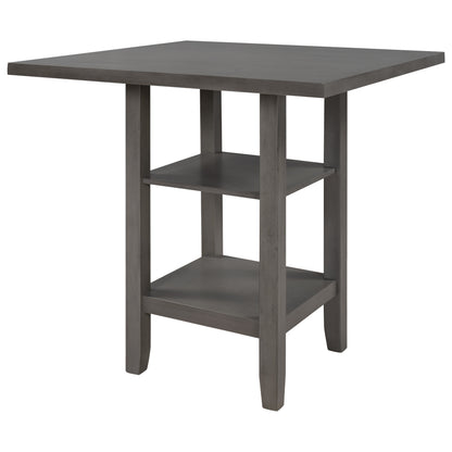 TREXM Square Wooden Counter Height Dining Table with 2-Tier Storage Shelving, Gray