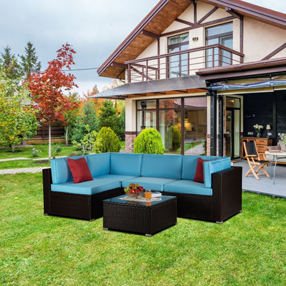 Outdoor Garden Patio Furniture 5-Piece Brown PE Rattan Wicker Sectional Blue Cushioned Sofa Sets with 2 Red Pillows