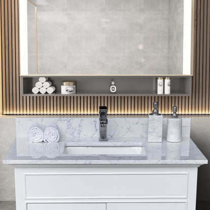 Montary 31"x 22" bathroom stone vanity top Carrara  jade engineered marble color with undermount ceramic sink and single faucet hole with backsplash