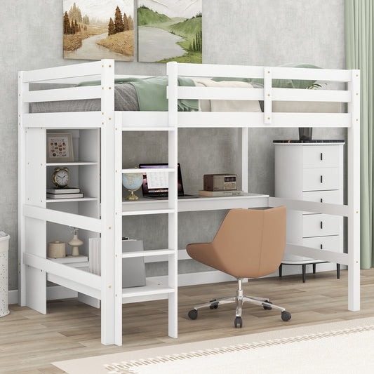 Full Size Loft Bed with Multifunction Shelves and Under-bed Desk, White