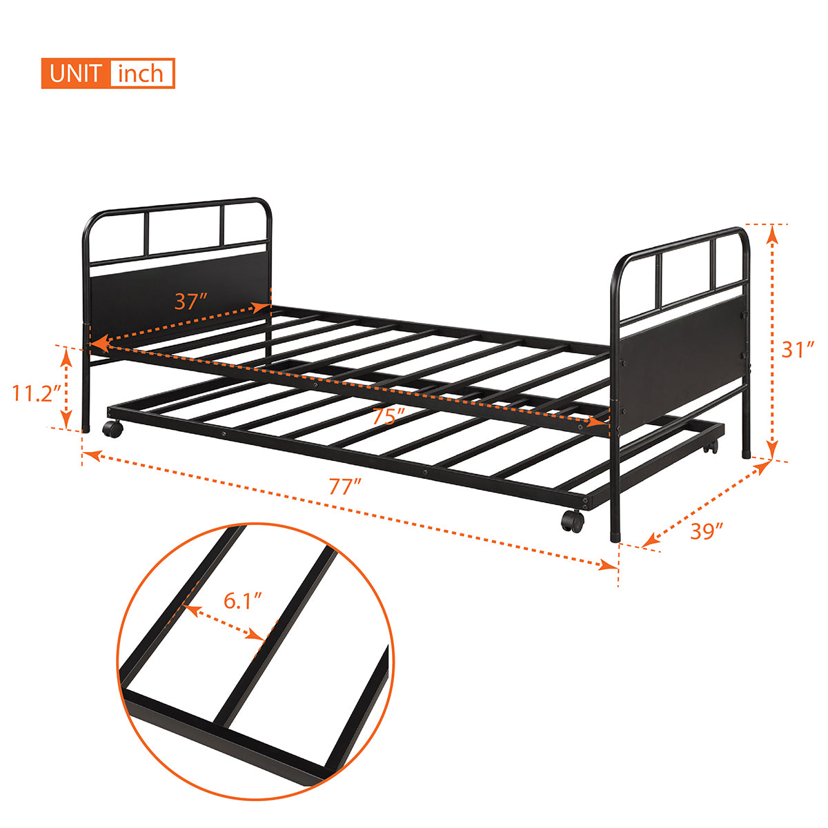 【Not allowed to sell to Walmart】Metal Daybed Platform Bed Frame with Trundle Built-in Casters, Twin Size