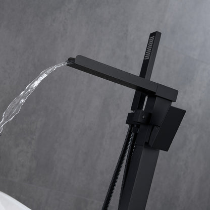 Single-Handle Freestanding Floor Mount Roman Tub Faucet Bathtub Filler with Hand Shower in Matte Black