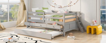 Low Loft Bed Full Size with Full Safety Fence, Climbing ladder, Storage Drawers and Trundle Gray Solid Wood Bed