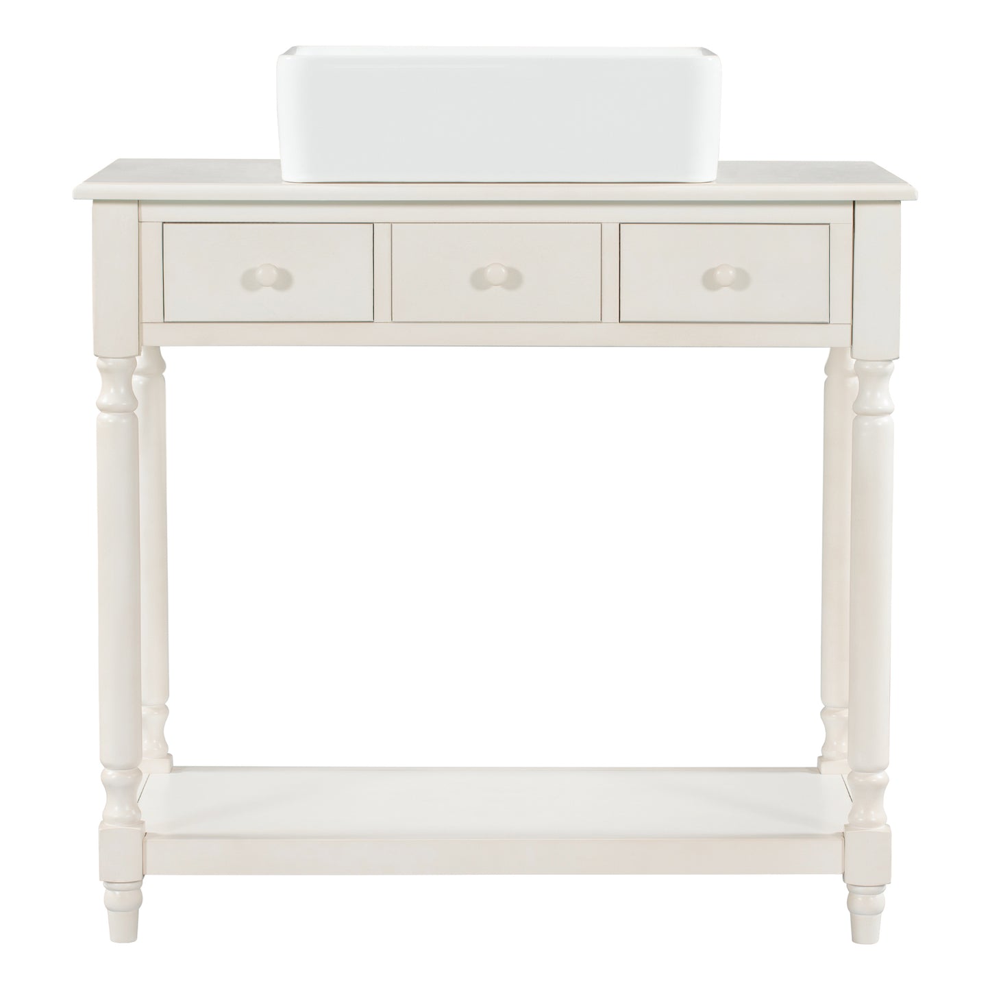 36" Bathroom Vanity Base without Sink, Open Storage Shelf, Two Drawers, Pre-Drilled Holes, Roman Style, Antique White