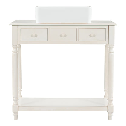 36" Bathroom Vanity Base without Sink, Open Storage Shelf, Two Drawers, Pre-Drilled Holes, Roman Style, Antique White