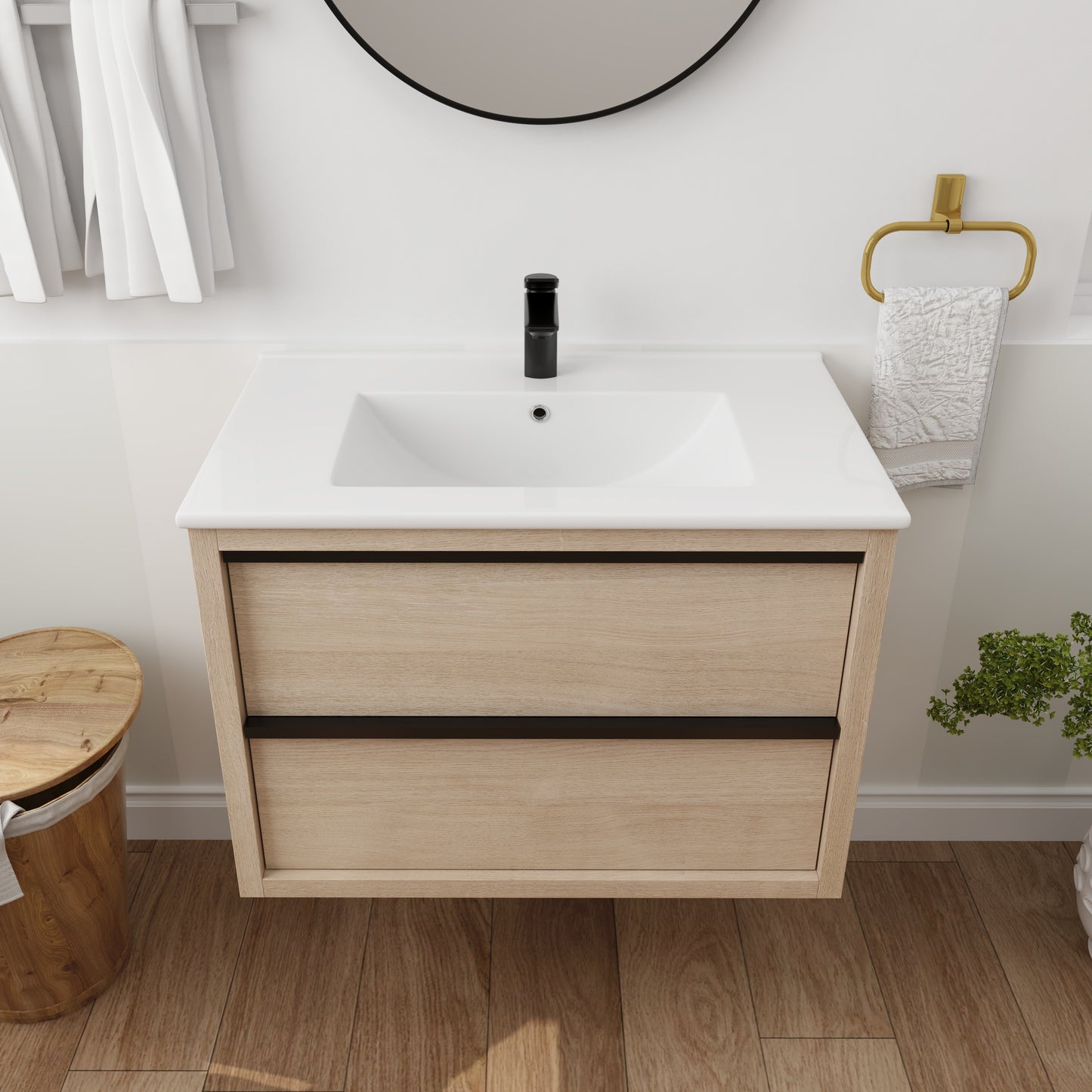 30" Bathroom Vanity with 2/3 Soft Close drawers,  White Ceramic Basin