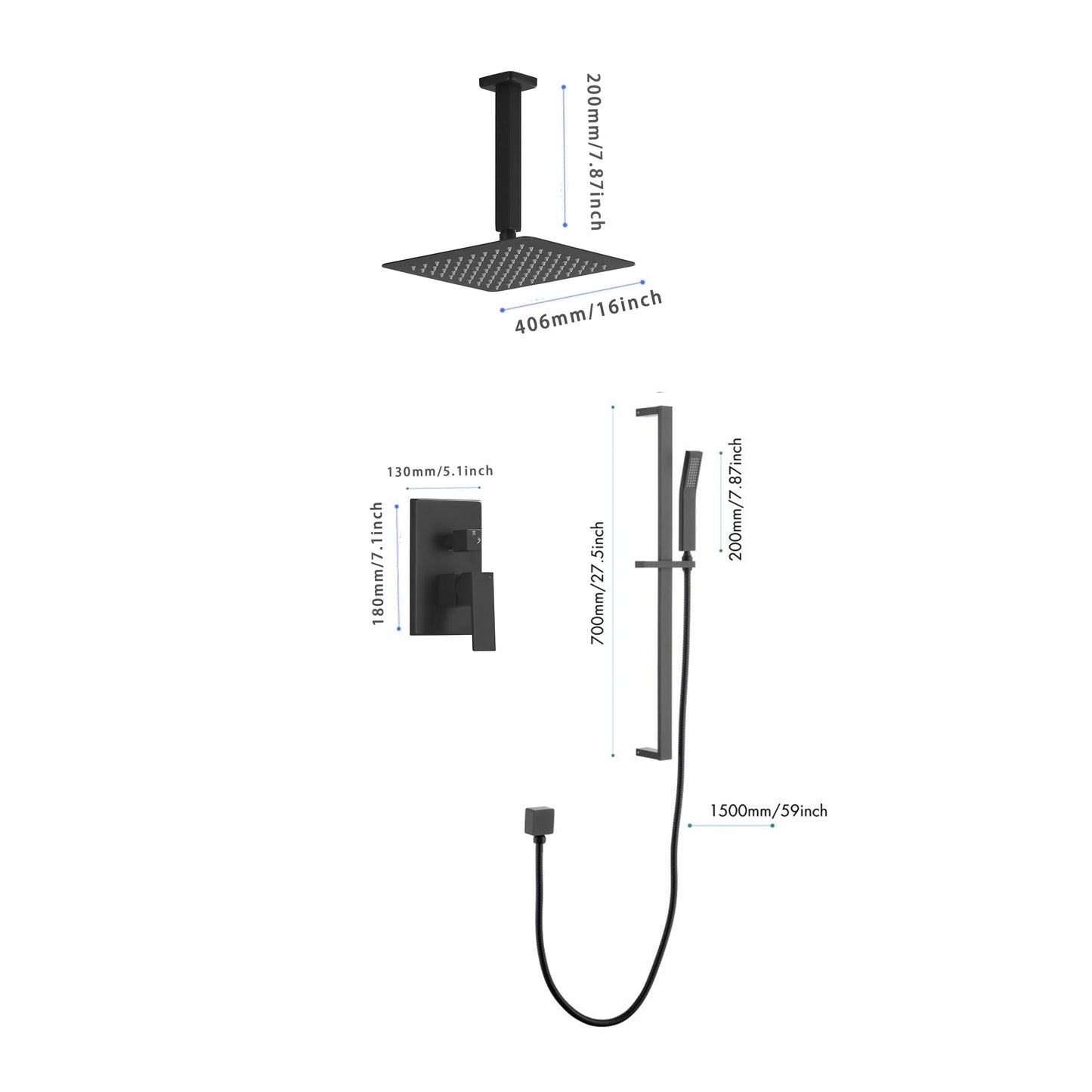 Pressure Balanced Shower System with Shower Head, Hand Shower, Slide Bar, Shower Arm, Hose, and Valve Trim