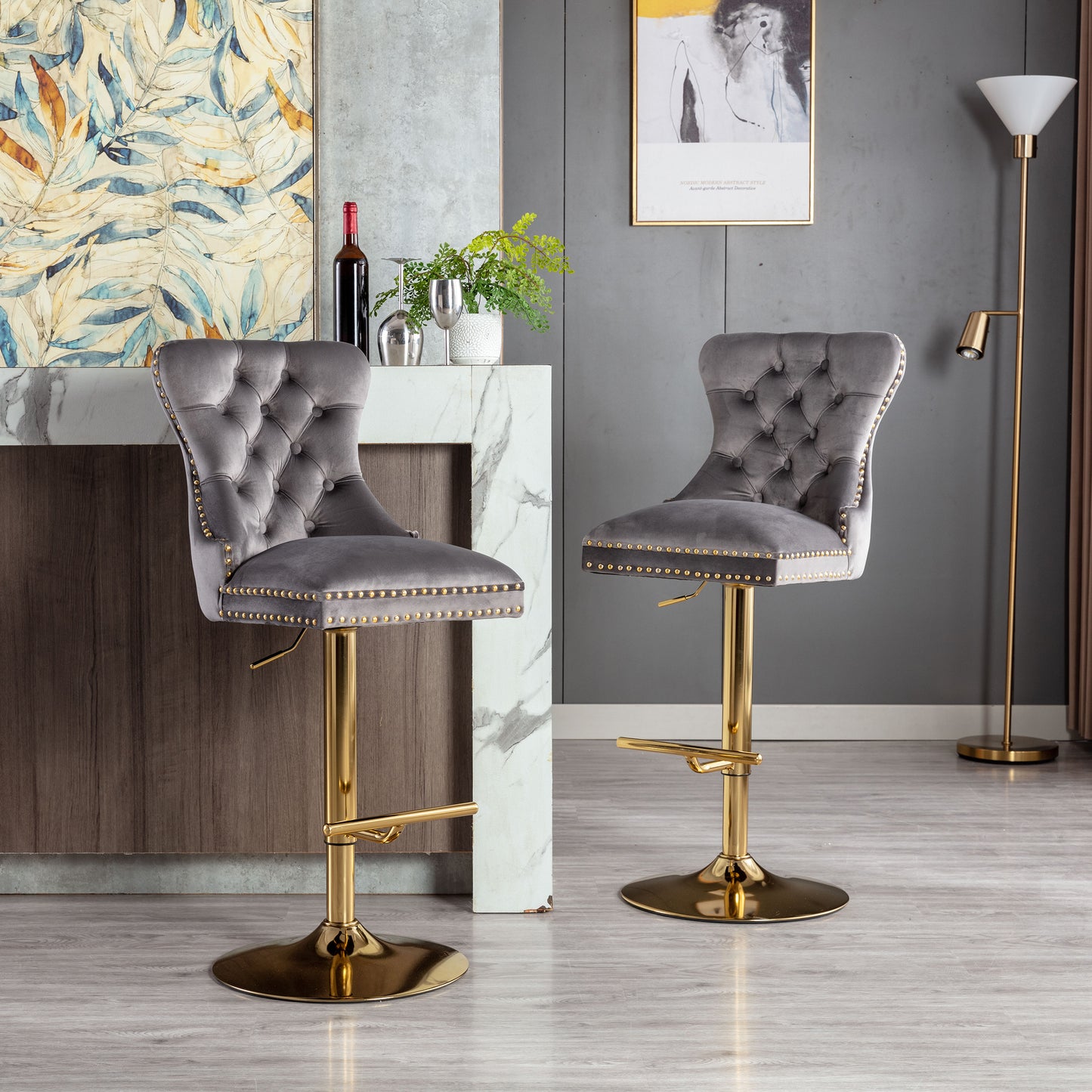 Swivel Bar Stools Chair Set of 2 Modern Adjustable Counter Height Bar Stools, Velvet Upholstered Stool with Tufted High Back & Ring Pull for Kitchen , Chrome Golden Base, Grey