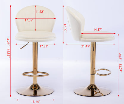 Set of 2  Bar Stools,with Chrome Footrest and Base Swivel Height Adjustable Mechanical Lifting Velvet + Golden Leg Simple Bar Stool-Cream