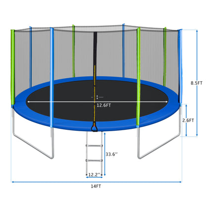 14FT Trampoline for Kids with Safety Enclosure Net, Ladder and 8 Wind Stakes, Round Outdoor Recreational Trampoline