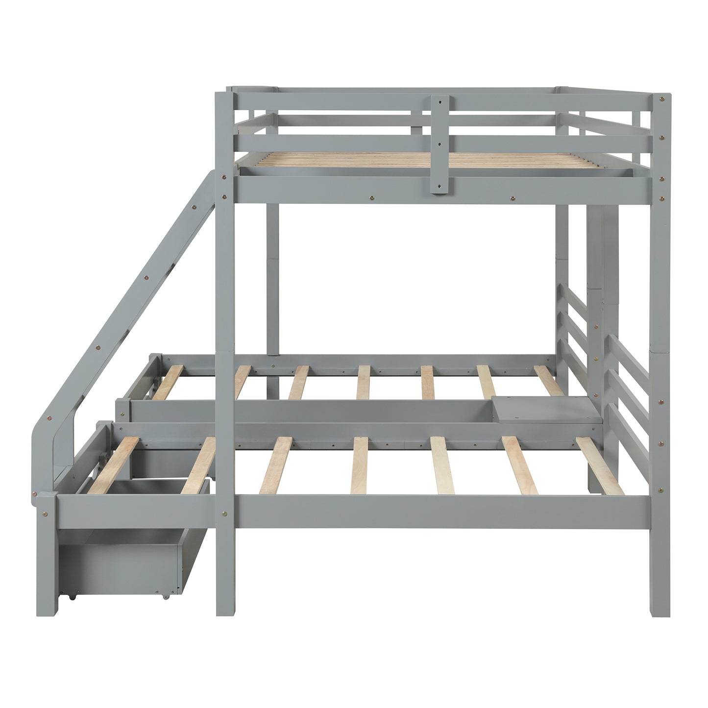 Solid Wood Full over  Twin & Twin Bunk Bed with 3 Storage Drawers, Grey (96.8”x79”x68.3”)