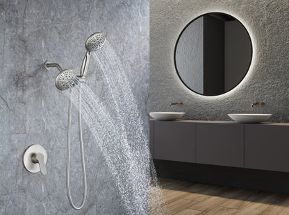Shower System with Handheld Showerhead & Rain Shower Combo Set. High Pressure 35-Function Dual 2 in 1 Shower Faucet, patented 3-way Water Diverter in All-Brushed Nickel （Valve Include）