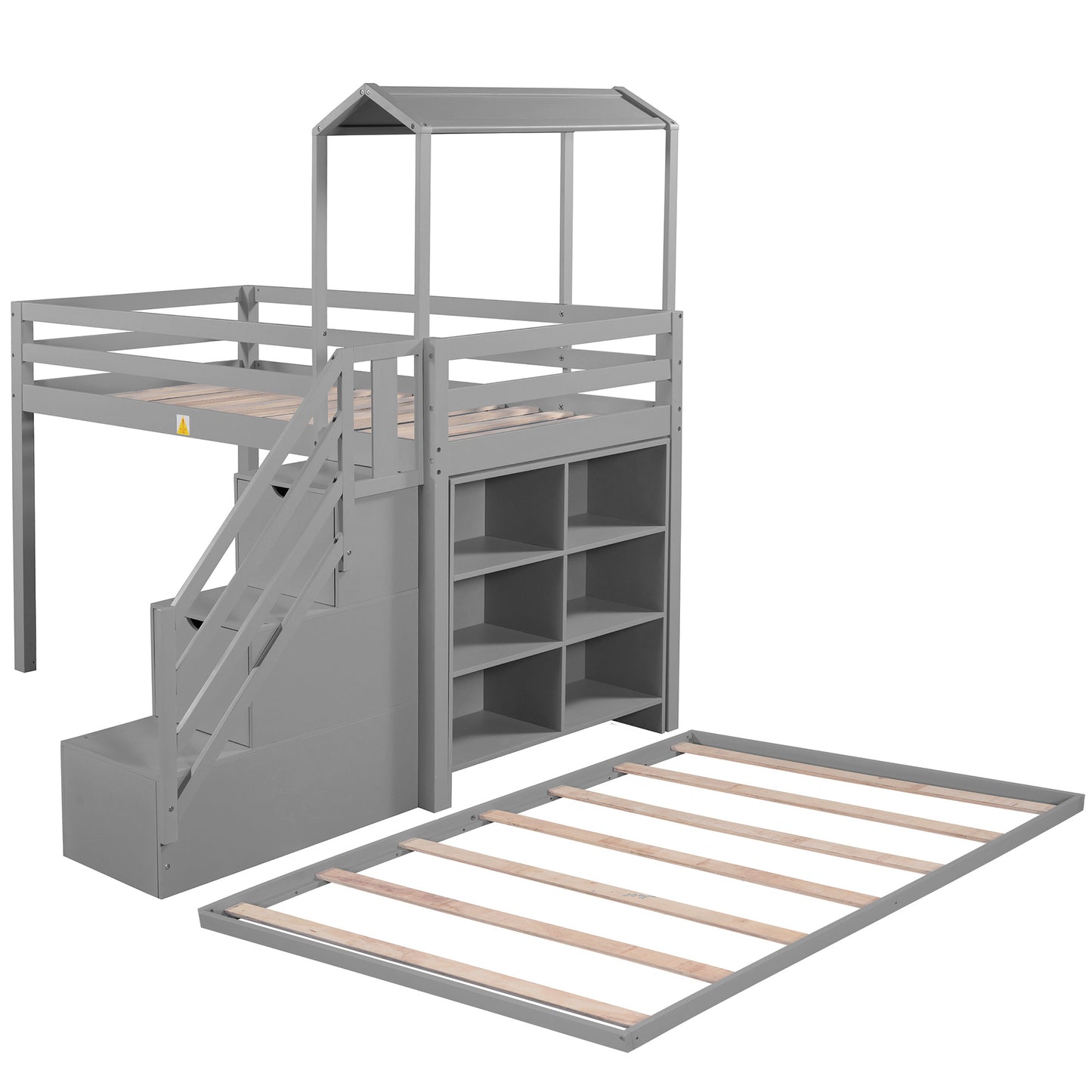 Twin over Full House Roof Bunk Bed with Staircase and Shelves, Gray