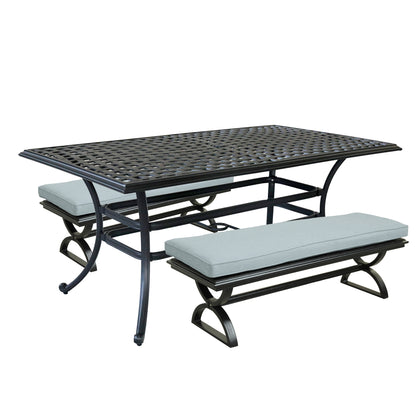 3 Piece Patio Aluminum Dining Set, Rectangle Table with 2 Cushioned Benches, Light Blue