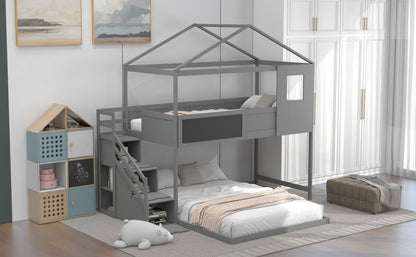 Twin over Full House Bunk Bed with Storage Staircase and Blackboard,Grey