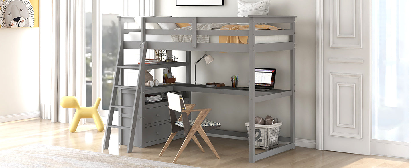 Twin Size Loft Bed with Desk and Shelves, Two Built-in Drawers, Gray(old SKU: GX000803AAE-1）