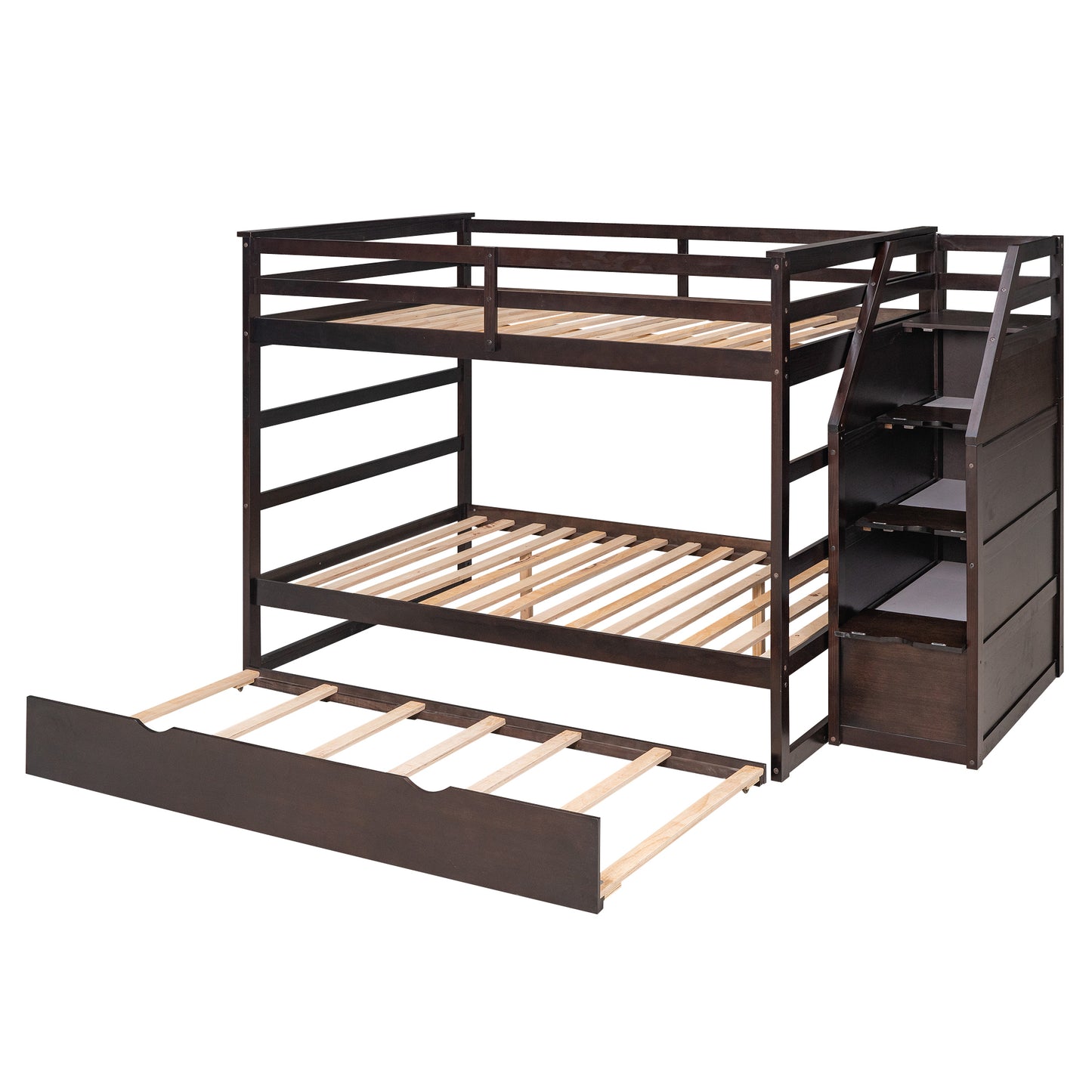 Full-over-Full Bunk Bed with Twin Size Trundle and 3 Storage Stairs,Espresso