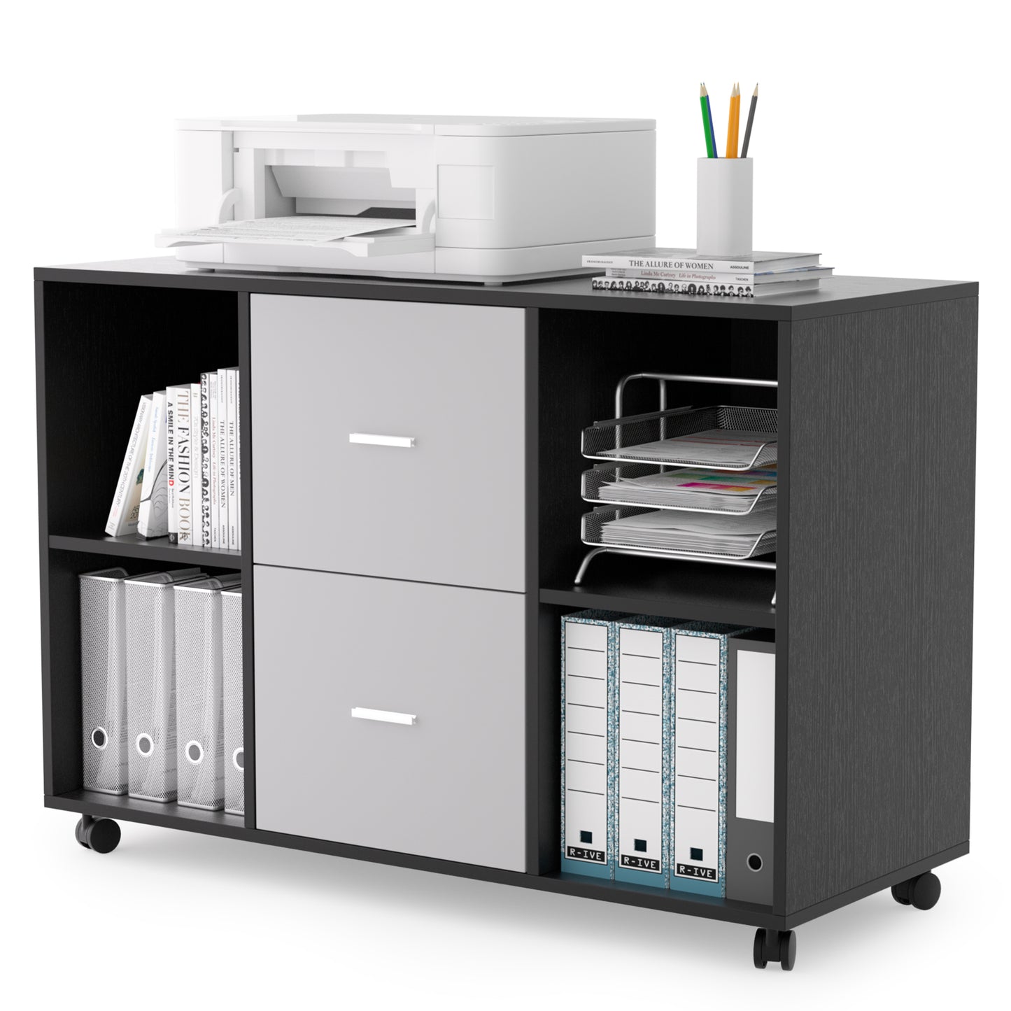 Mobile wood filing cabinet with 2 drawers and 4 open storage cabinets and wheels for home office, black oak light grey