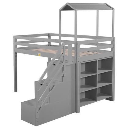 Twin over Full House Roof Bunk Bed with Staircase and Shelves, Gray