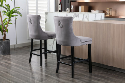 A&A Furniture,Contemporary Velvet Upholstered Barstools with Button Tufted Decoration and Wooden Legs, and Chrome Nailhead Trim, Leisure Style Bar Chairs,Bar stools, Set of 2 (Gray) 1902GY