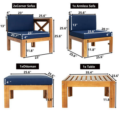 TOPMAX Outdoor Backyard Patio Wood 5-Piece Sectional Sofa Seating Group Set with Cushions, Natural Finish+ Blue Cushions