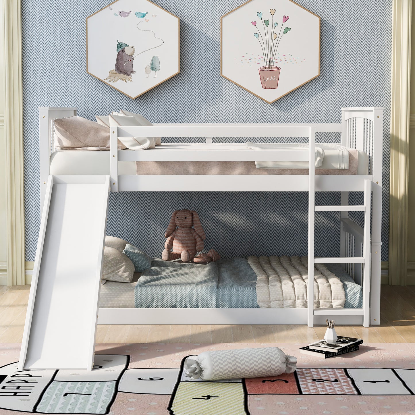 Full Over Full Bunk Bed with Ladder with Slide, White (Old SKU :LP000208AAK)