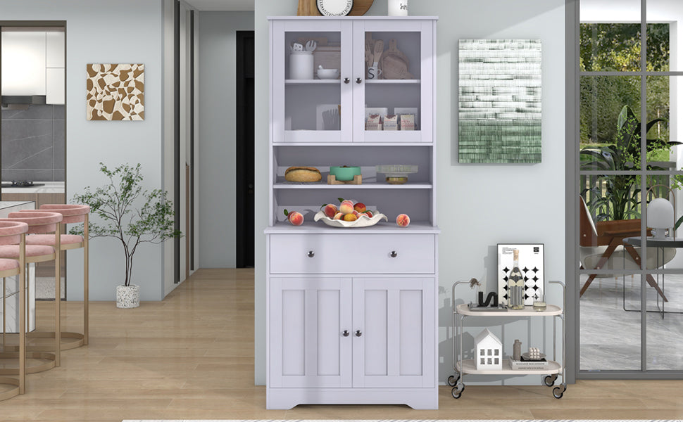 TREXM 70.9" Multifunctional Pantry Cabinet MDF Storage Cabinet with Glass Doors, A Large Drawer and Adjustable Shelves (Antique White)