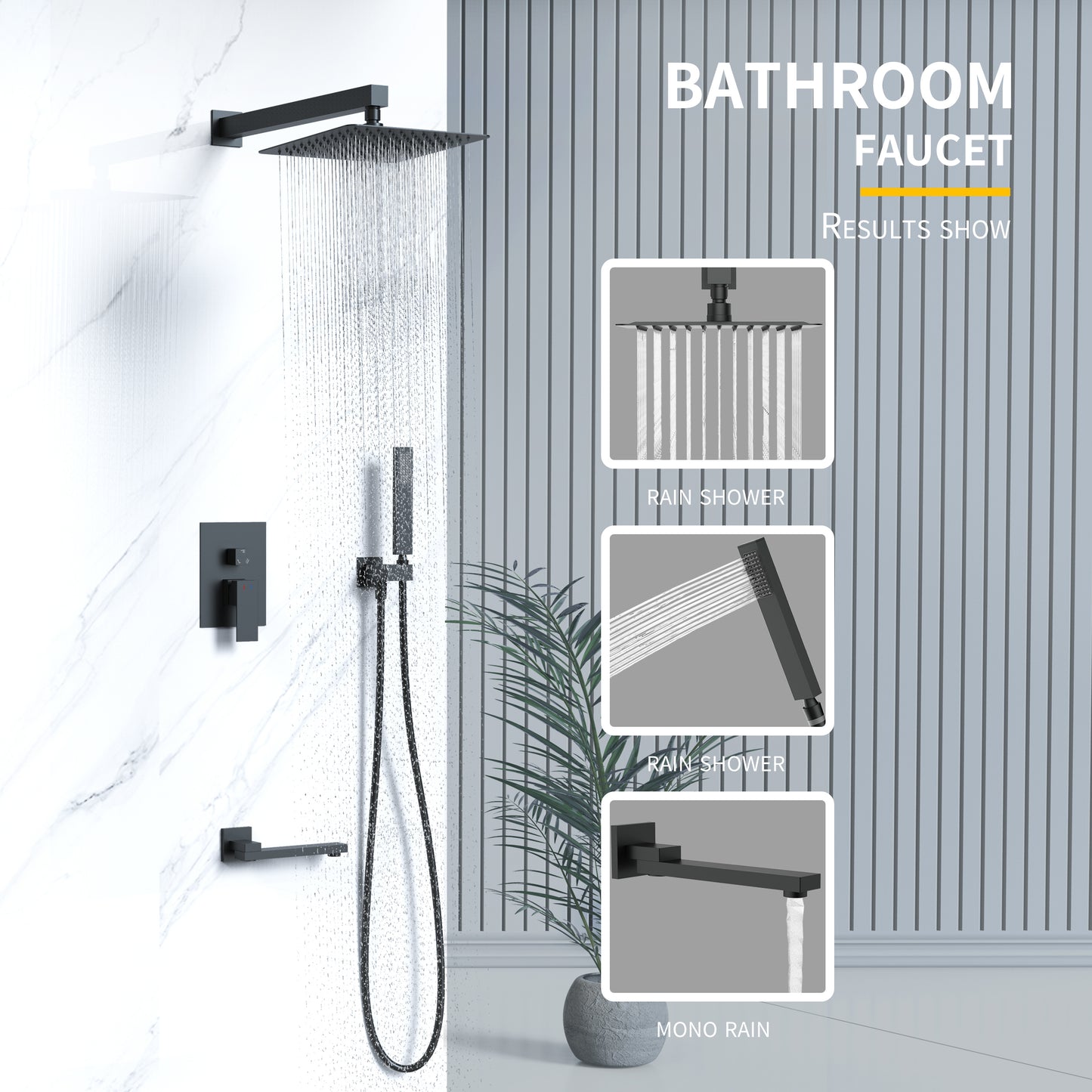 Shower System, Ultra-thin Wall Mounted Shower Faucet Set for Bathroom, Stainless Steel Rain Shower head Handheld Shower Set, 12 inch square large panel, Matte Black