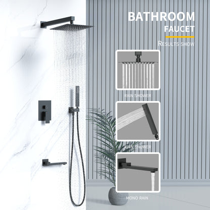 Shower System, Ultra-thin Wall Mounted Shower Faucet Set for Bathroom, Stainless Steel Rain Shower head Handheld Shower Set, 12 inch square large panel, Matte Black
