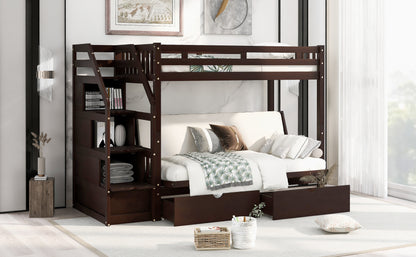 Twin over Full Bunk Bed with Two Drawers and Staircase, Down Bed can be Converted into Daybed,Espresso