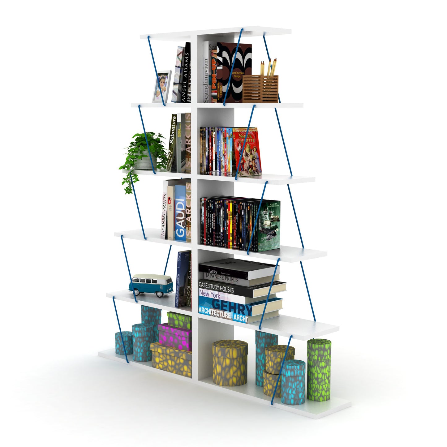 Furnish Home Store Modern 5 Tier Ladder Bookshelf Organizers, Narrow Bookshelf for Small Spaces Office Furniture Bookcase ,White/Blue