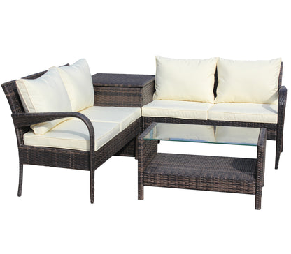 4 Piece Patio Sectional Wicker Rattan Outdoor Furniture Sofa Set with Storage Box Brown