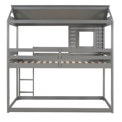 Twin Over Twin Bunk Bed Wood Loft Bed with Roof, Window, Guardrail, Ladder (Gray) (OLD SKU :LP000062AAE)